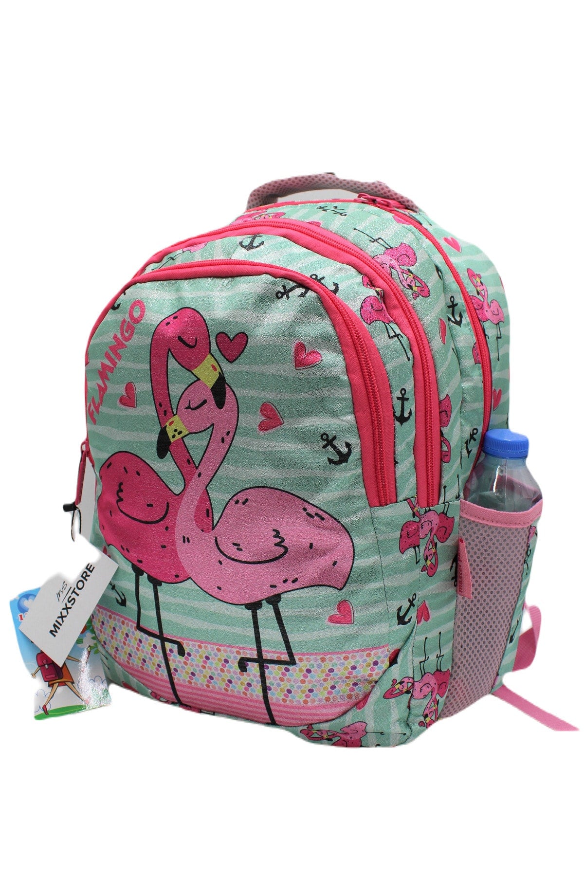 Sim Flamingo Patterned Green Color Backpack Primary School Bag Set for Girls with Food and Pencil Holder