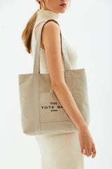 Cream U46 Snap Closure Front Pocket Detailed Tote Bag Embroidered Canvas Women's Arm And Shoulder Bag U:30 E: