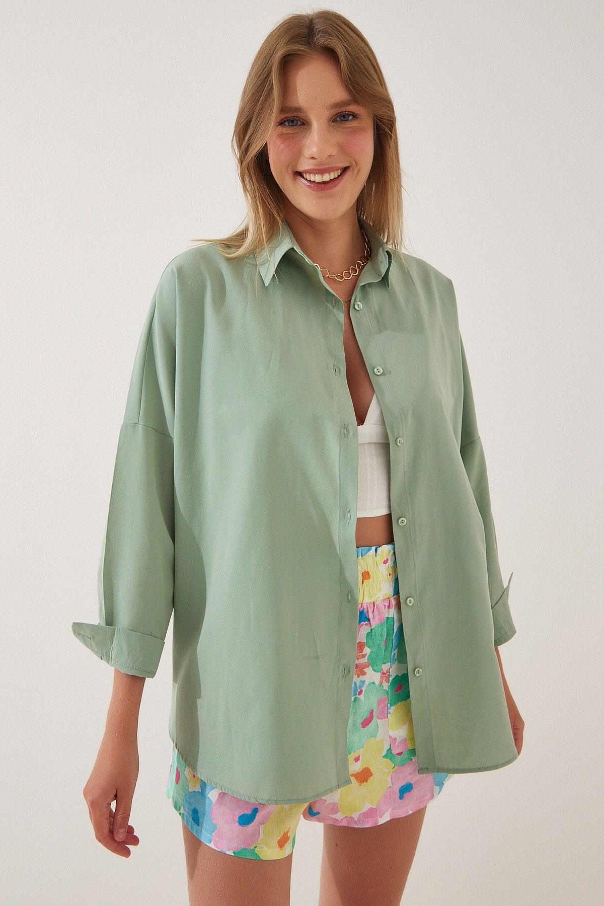 Women's Light Green Oversize Long Basic Shirt DD00842 - Swordslife