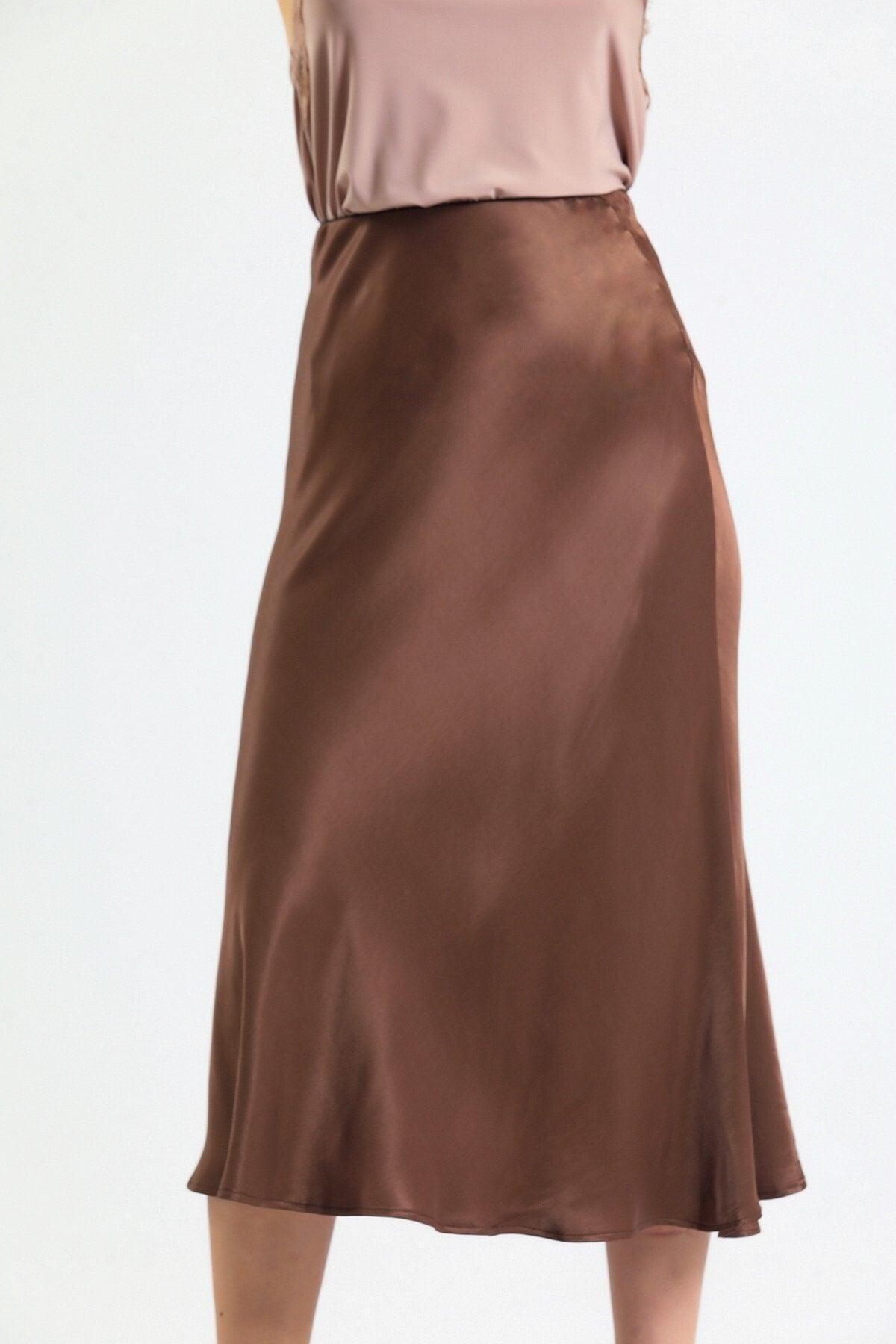 Summer Sidewalk Viscose Satin Fabric Midi Length Skirt -brown - Swordslife