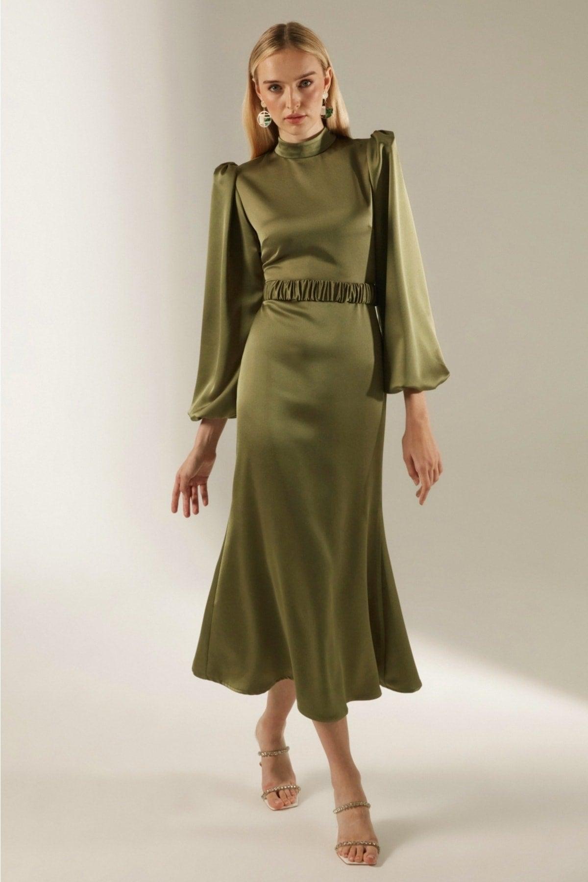 Judge Collar Khaki Balloon Sleeve Dress - Swordslife