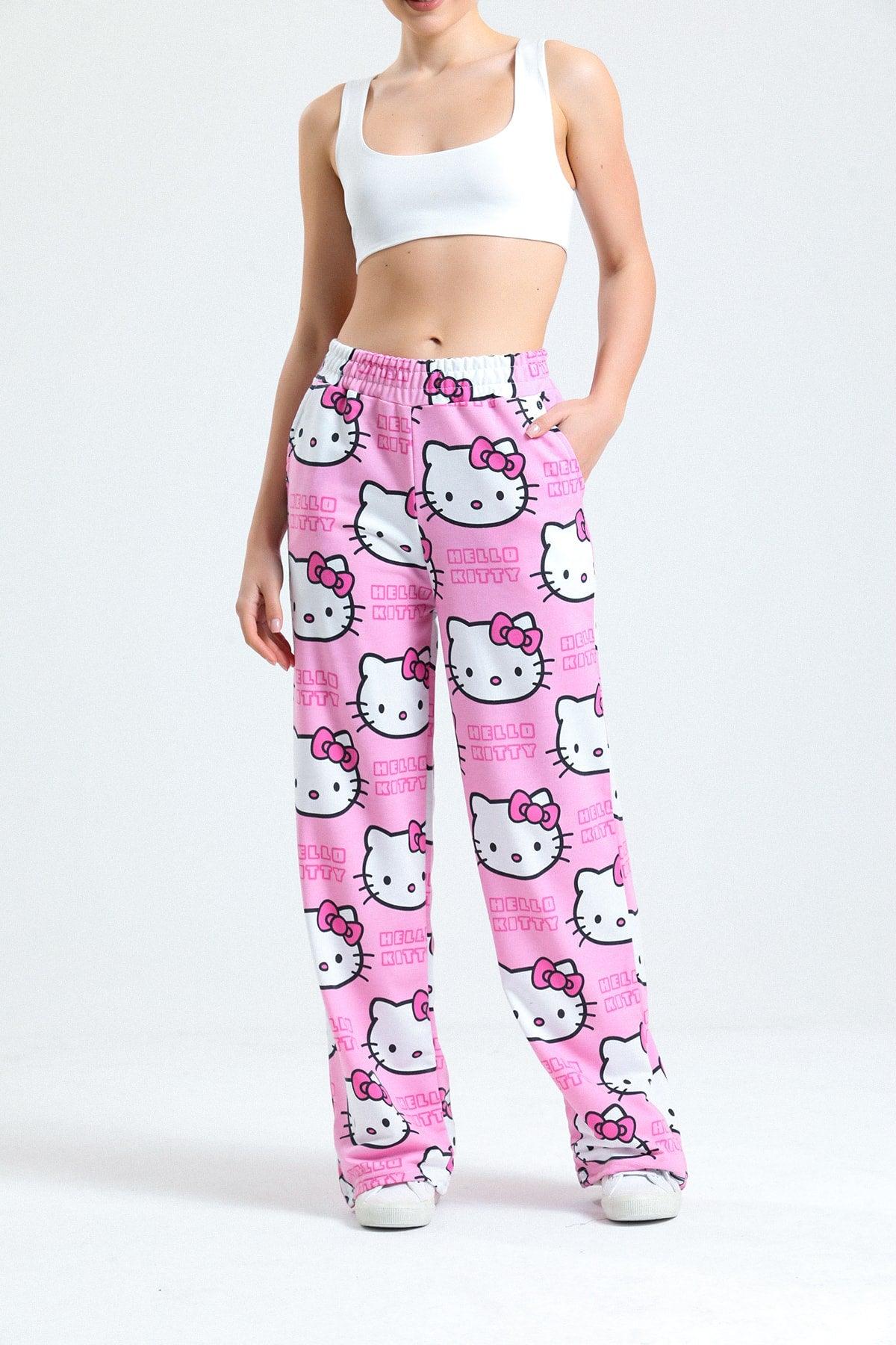 Unisex Pink Hello Kitty Cat Wide Leg Sweatpants - Swordslife