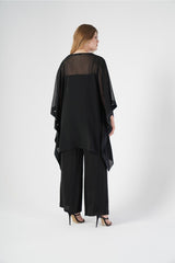 Large Size Women's V-Neck Black Chiffon Cape Coat - Swordslife