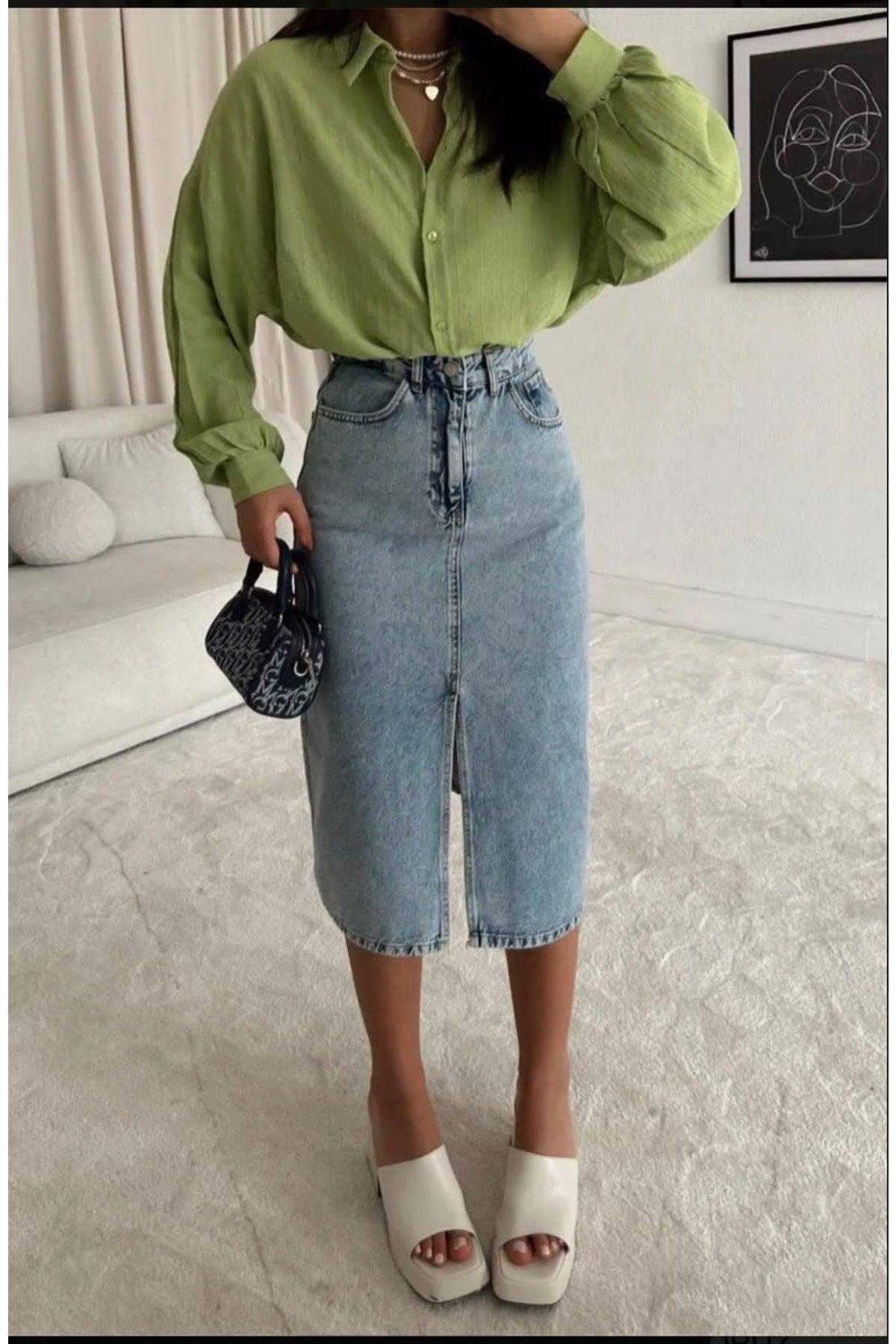 Snow Wash Blue Front Slit Knee Length Denim Skirt - Swordslife