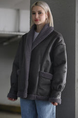 Anthracite Faux Shearling Biker Coat Mg1329 - Swordslife