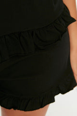 Black Strap Knitted Ruffle Detailed Pajamas Set TBBSS22PT0564 - Swordslife