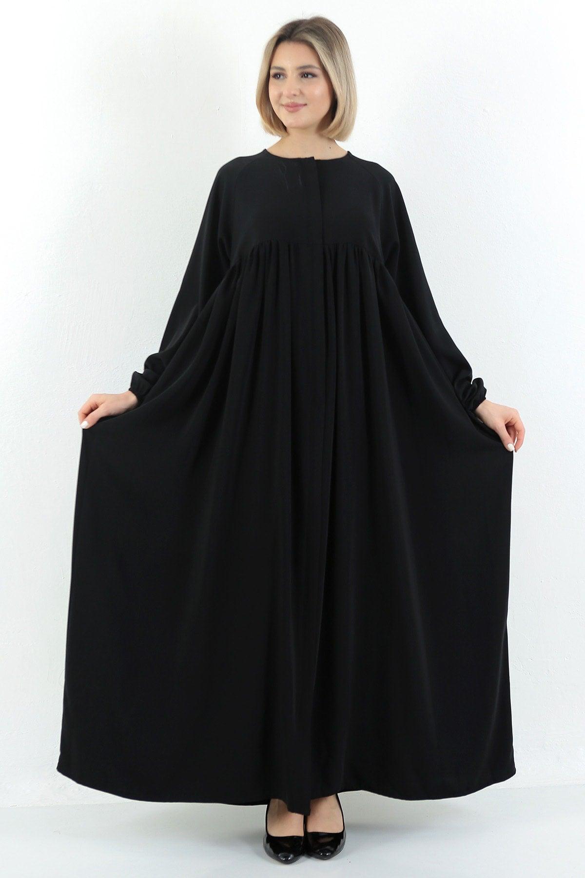 Black Oversized Zippered Pleated Robe Abaya Hijab - Swordslife