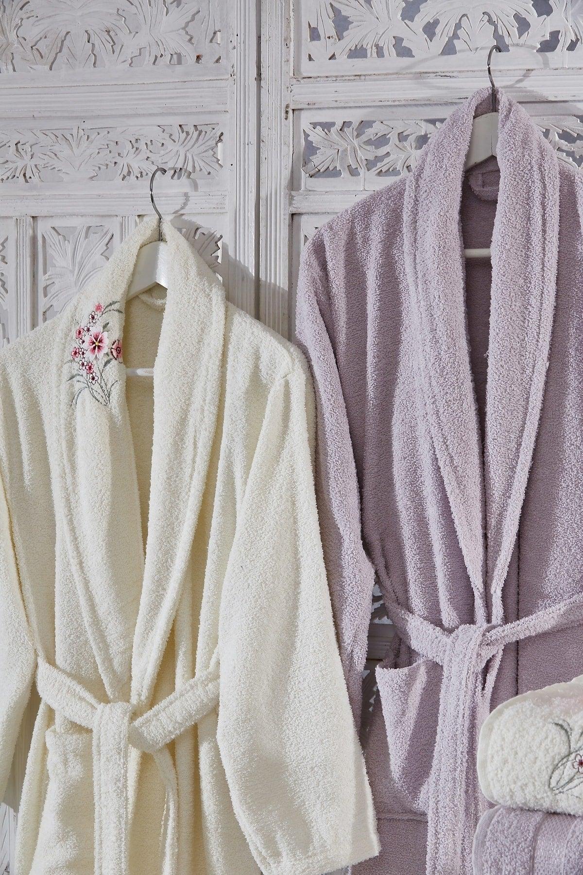 Family Embroidered Cream & Lilac Family Bathrobe Set 6 Pieces Dowry Women Men Bathrobes Bath Towel Set - Swordslife