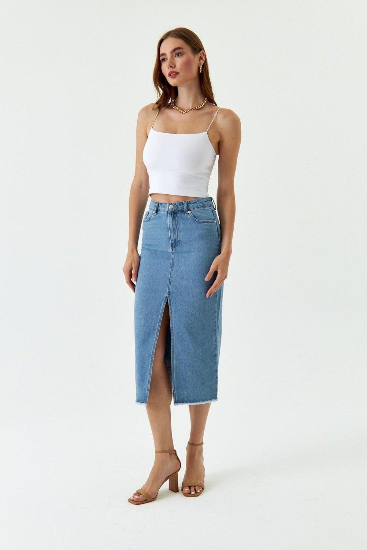 Slit Detailed Midi Length Blue Denim Skirt - Swordslife