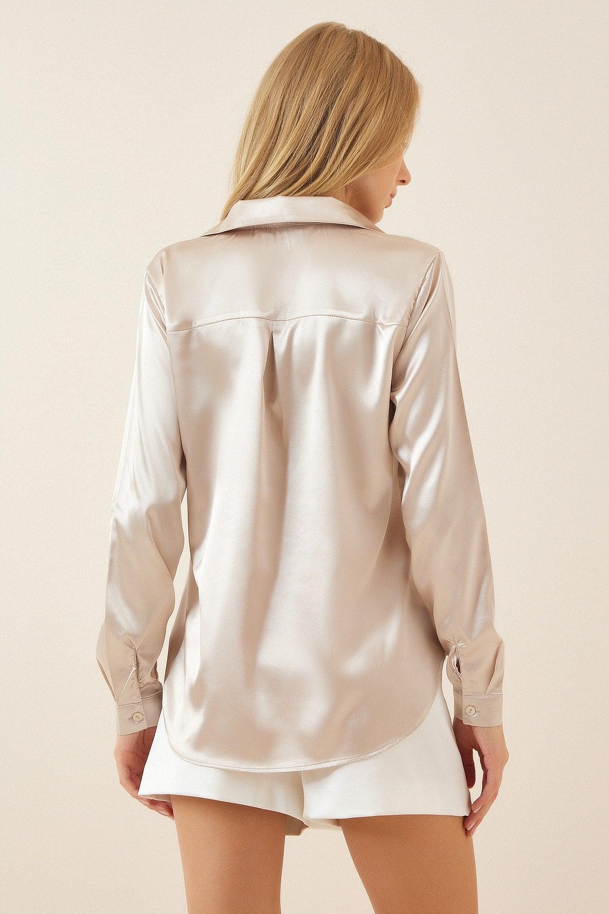 Women's Cream Lightly Flowy Satin Shirt DD00990 - Swordslife