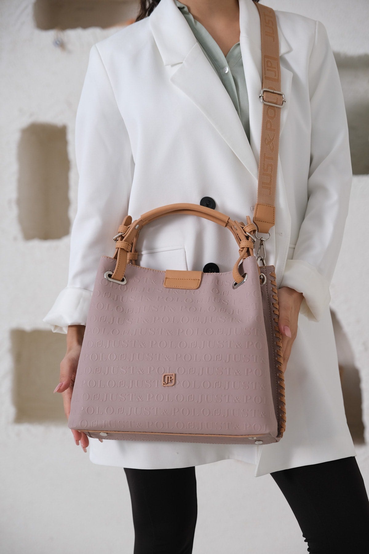 Women Embossed Patterned Magnetic Snap Closure Hand Bag With Shoulder Strap Jp4031 Sand