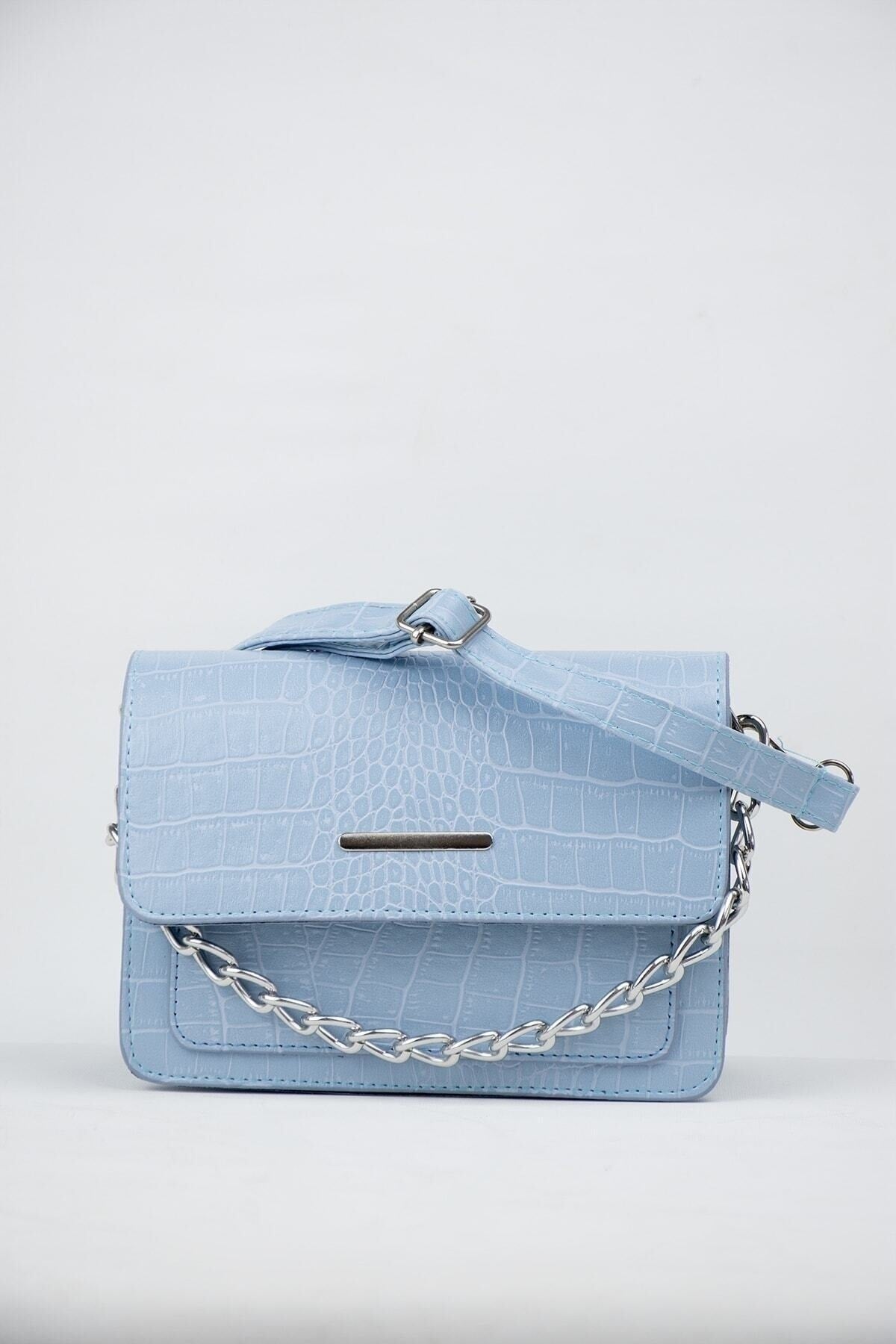 Baby Blue Women's Crocodile Patterned Clutch Baguette Chain Strap Bag