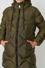 Women's Khaki Hooded Cord Detailed Inflatable Coat - Swordslife