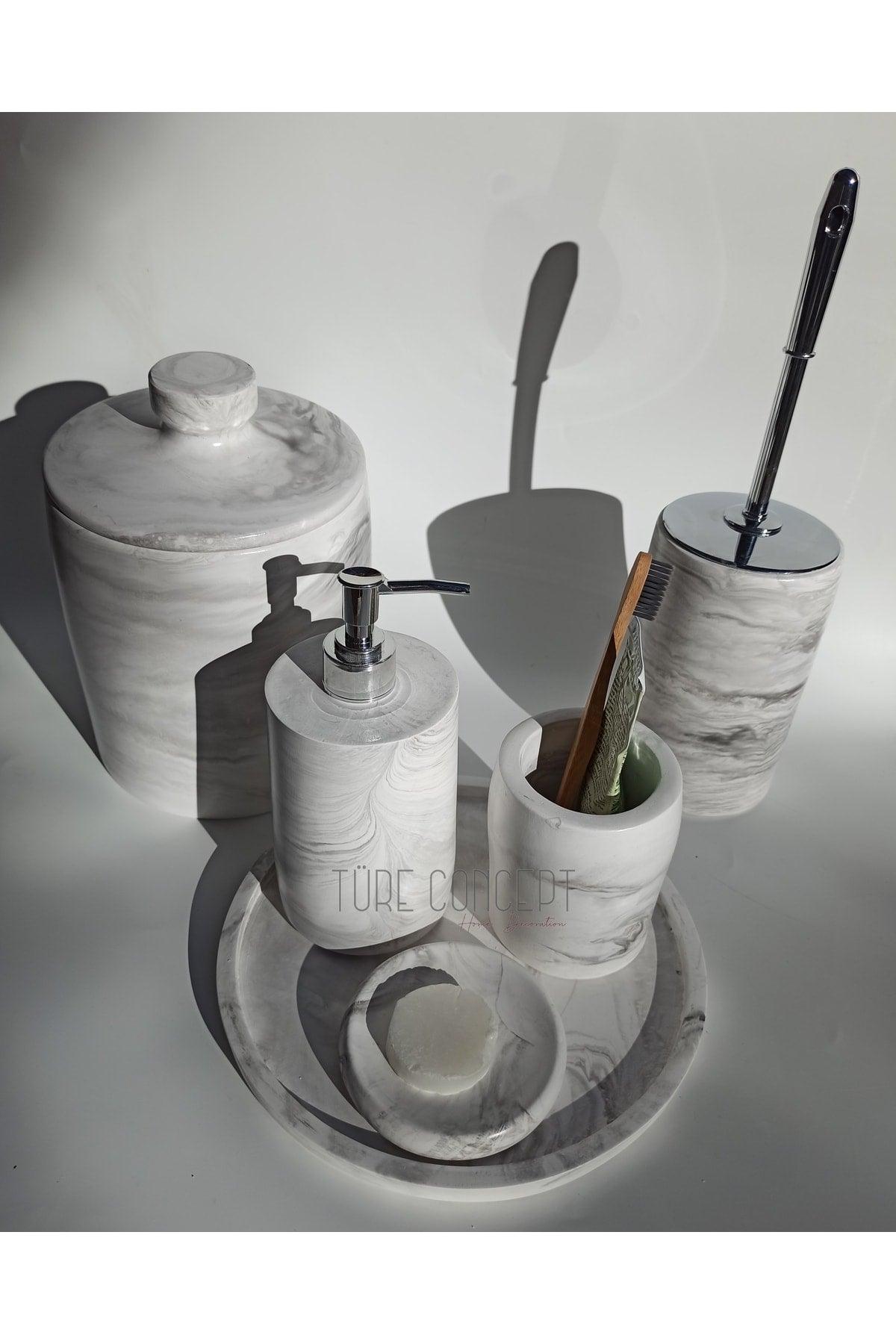 Marble Look Bathroom Set & Dustbin & Wc Brush & Soap Dispenser & Brush Set - Swordslife