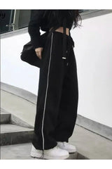 Black Wide Leg Zip Detail Black Tracksuit Adjustable Leg Sweatpants - Swordslife