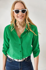 Women's Grass Green Linen Shirt With Sleeves GML-19000825 - Swordslife