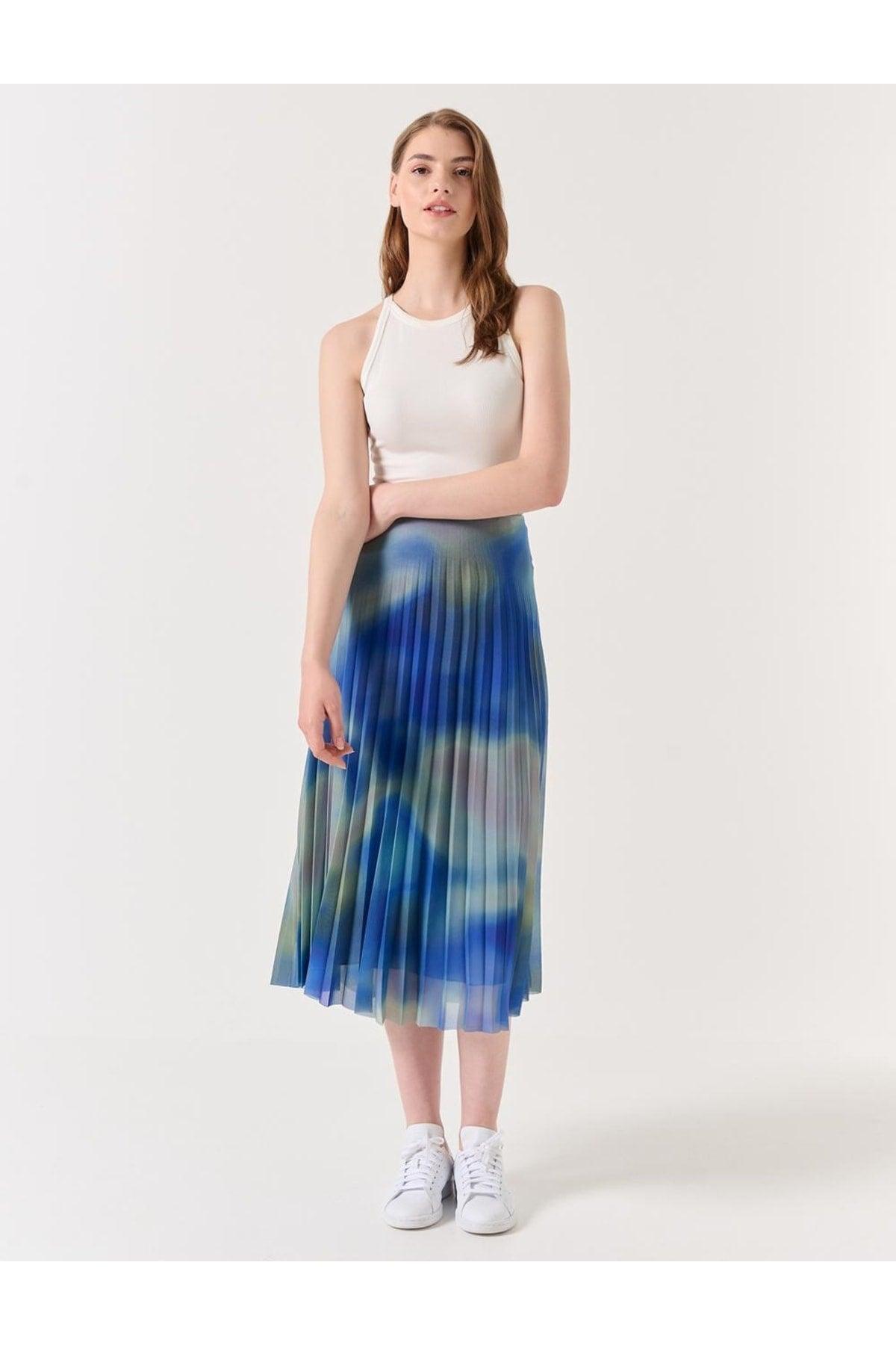 Blue Green High Waist Pleated Patterned Midi Skirt - Swordslife