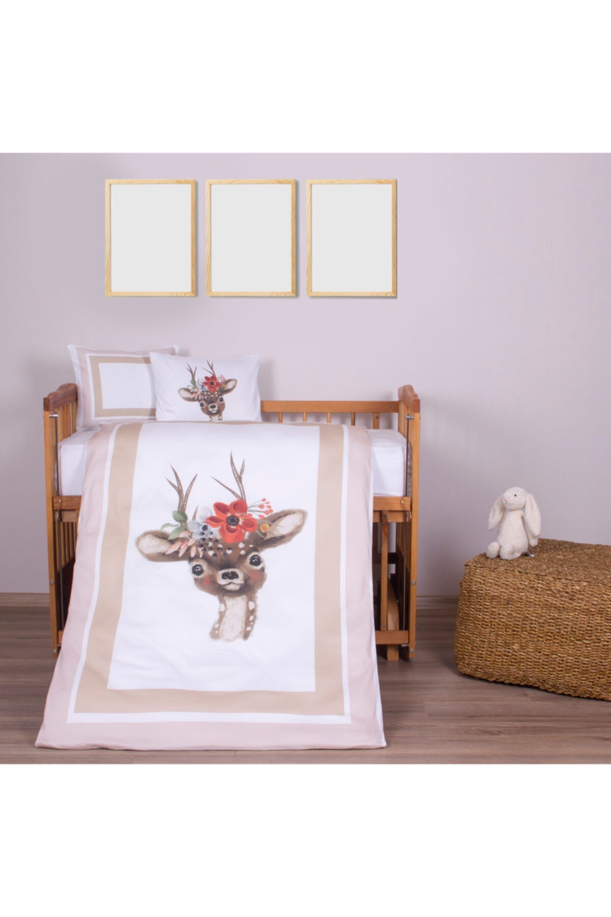 Organic Printed Cotton Satin Baby Duvet Cover Set - Deer And Flower Themed