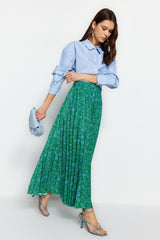 Green Floral Patterned Pleated Elastic Waist Knitted Skirt TCTSS23EE00018 - Swordslife