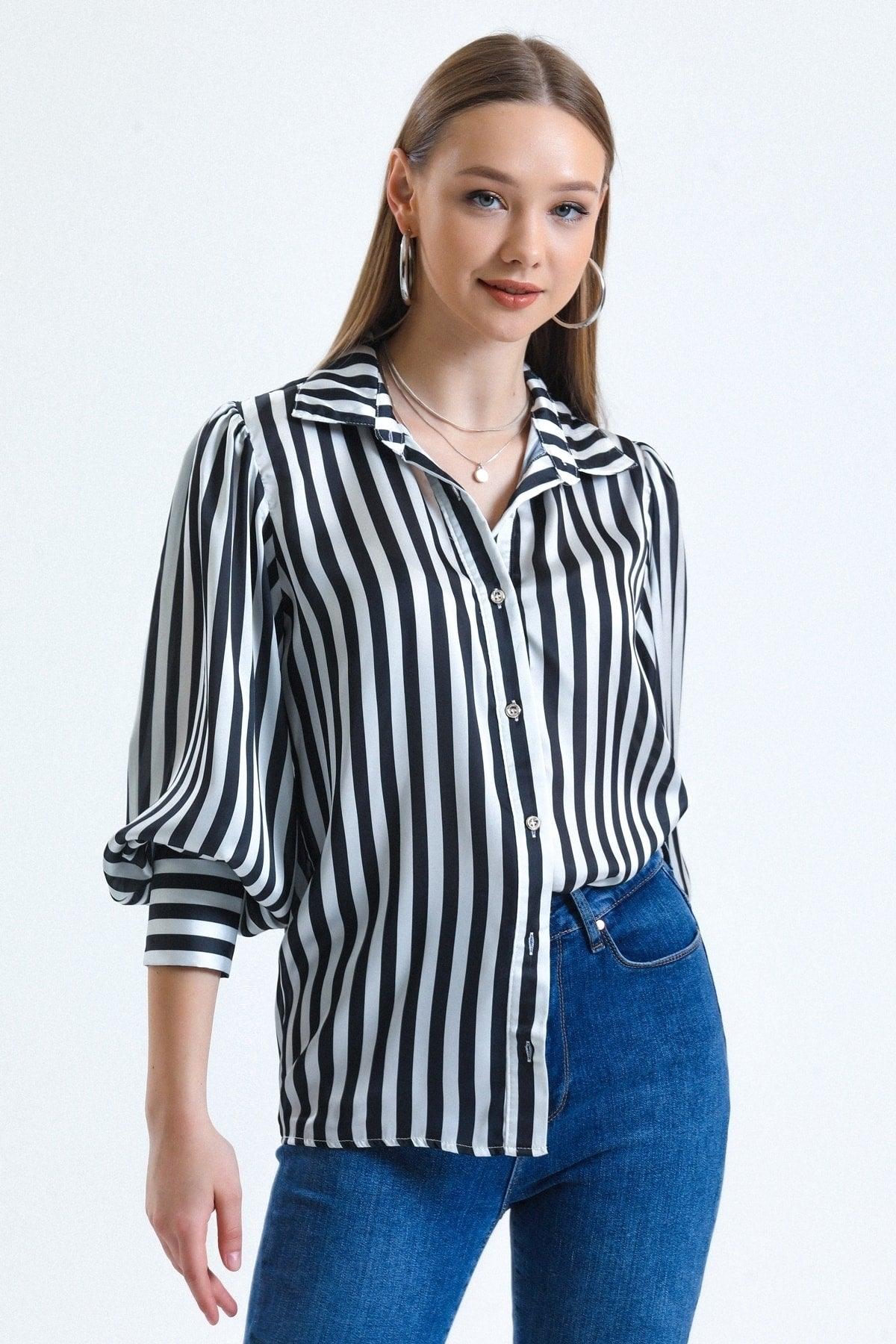 Women's Black and White Balloon Sleeve Ruffle Detailed Oversize Striped Satin Shirt - Swordslife