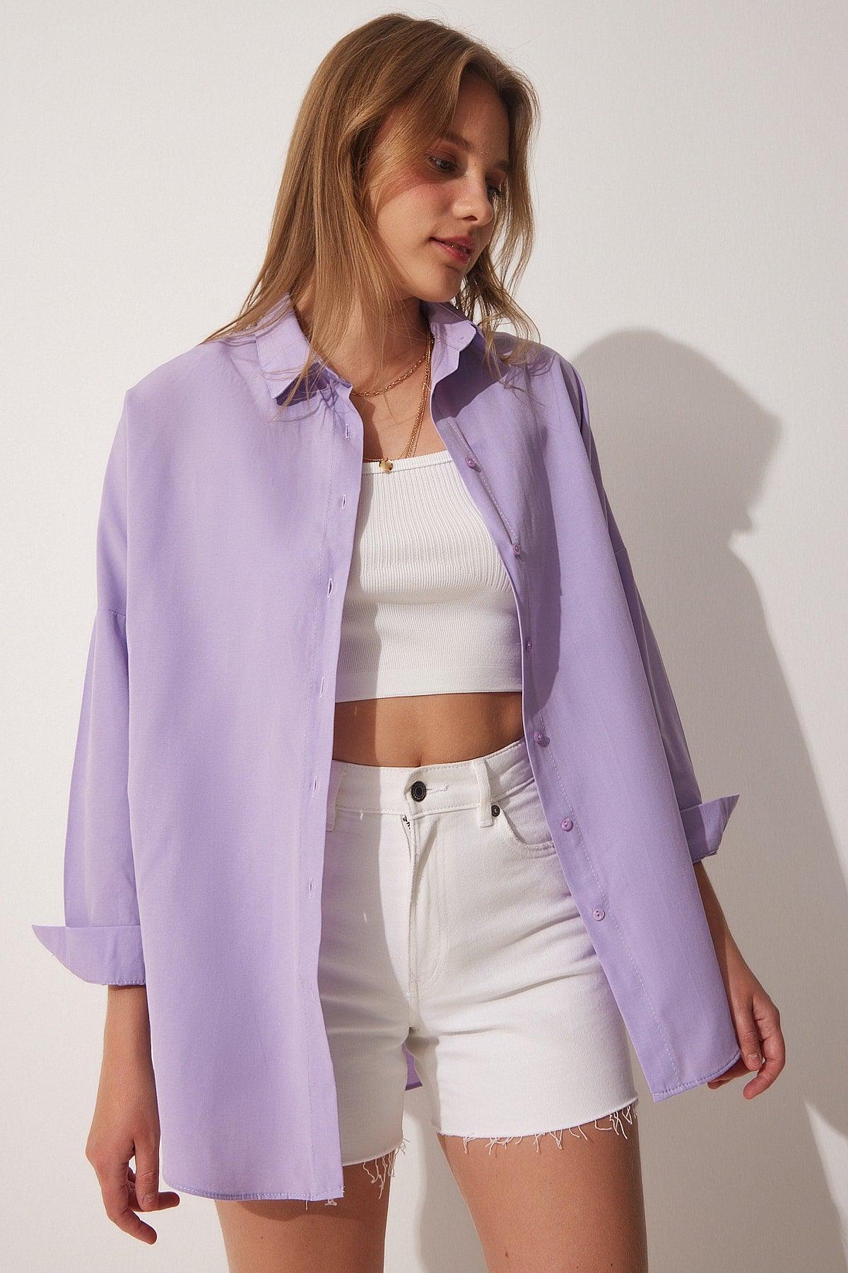 Women's Light Lilac Oversize Long Basic Shirt DD00842 - Swordslife