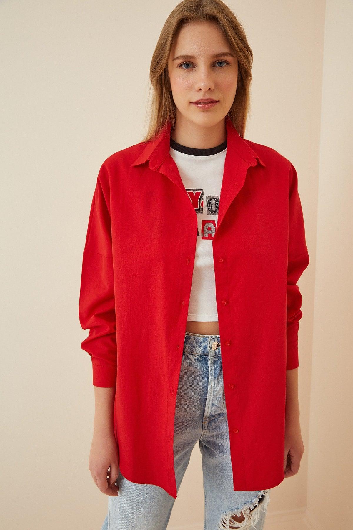 Women's Red Oversize Long Basic Shirt DD00842 - Swordslife