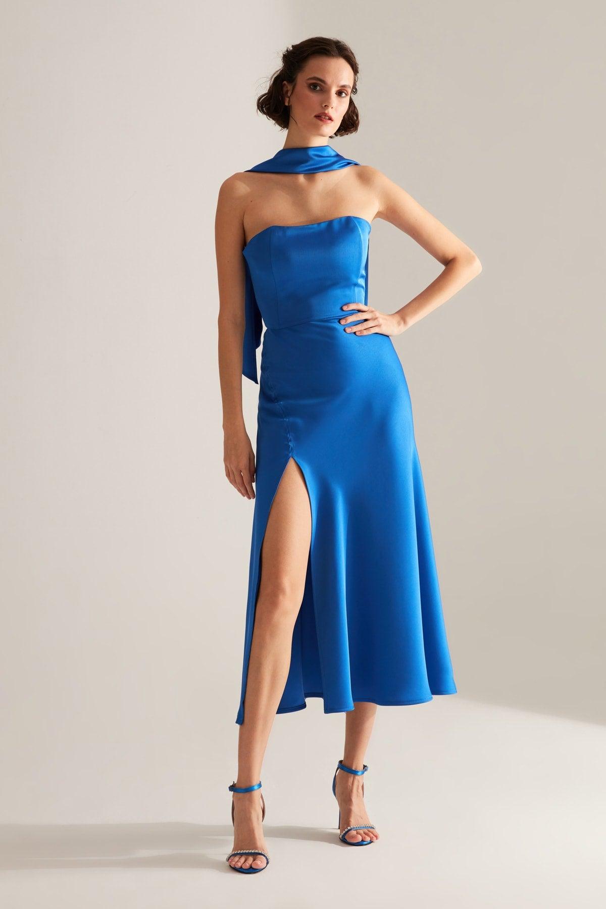 Brera Blue Satin Slit Wrapped Strapless Dress - Swordslife