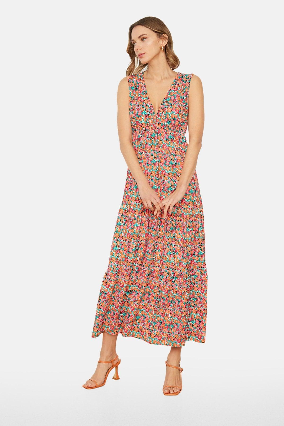 Multi Colored Floral Pattern V Neck Sleeveless A-Line Maxi Knitted Dress TWOSS22EL1588 - Swordslife