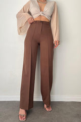 Women's Front Stitching Detail Brown High Waist Palazzo Trousers - Swordslife