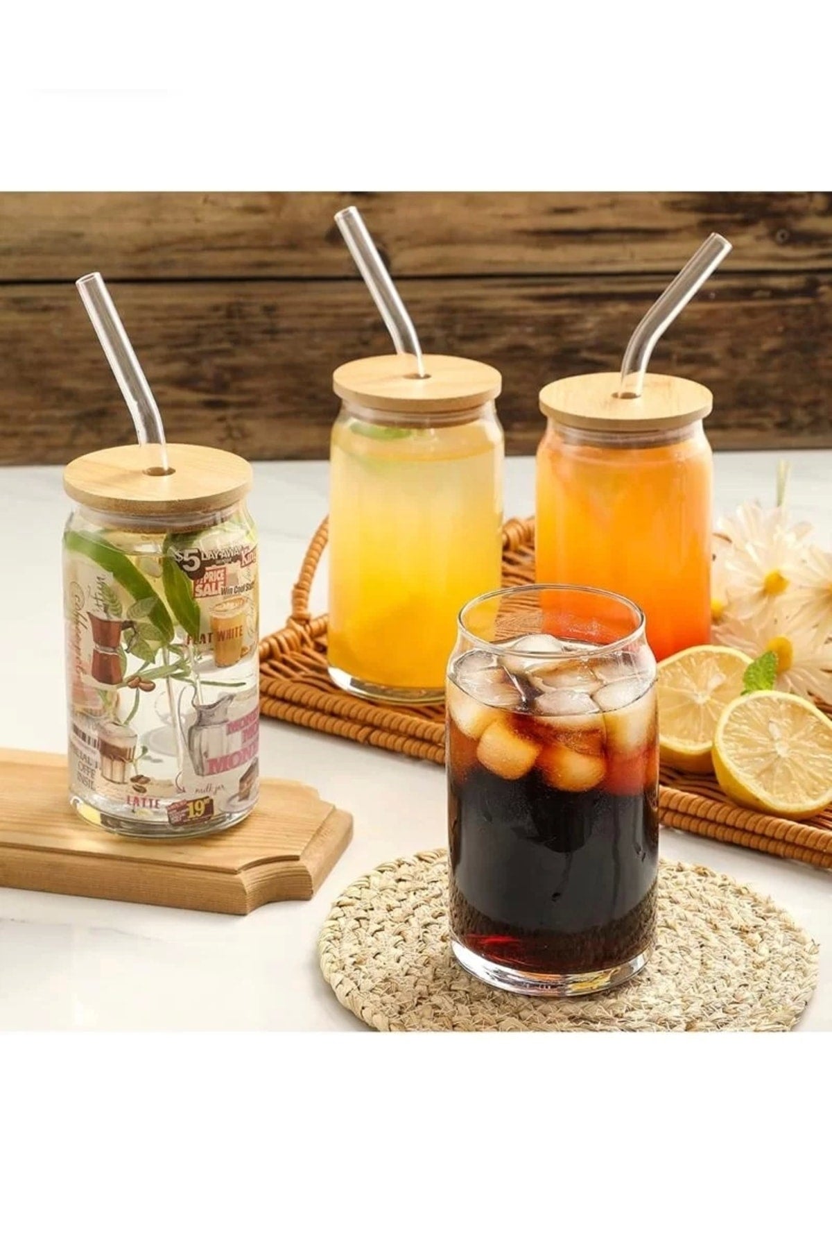 Pieces Heat-Resistant Glass Straw, Wooden Lid, Coffee Juice Cup and 1 Brush