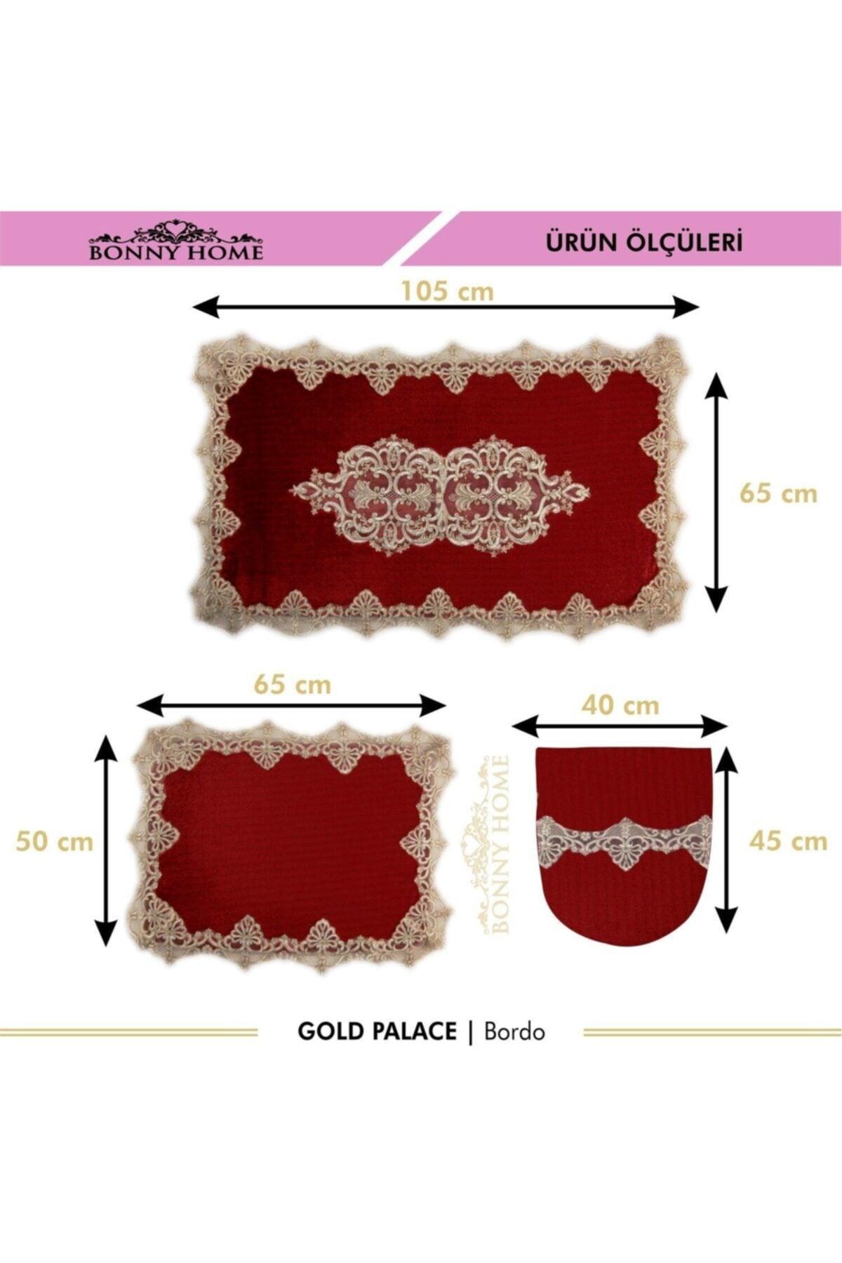 Claret Red Gold Palace 3-piece Dowry French Lace Applique Closet Set Bath Mat Set - Swordslife