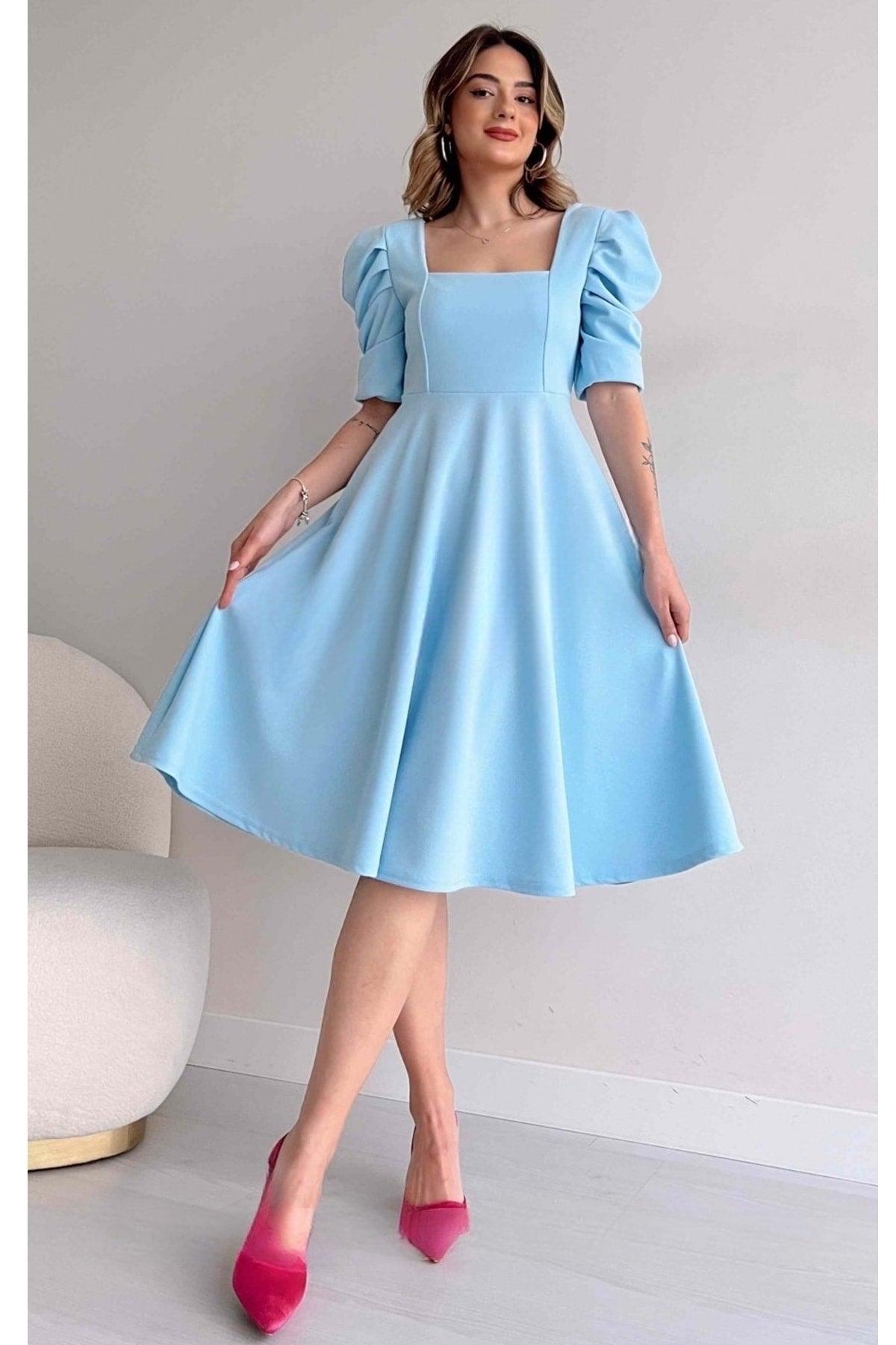 Women's Crepe Fabric Short Sleeve Square Collar Midi Length Flared Cut Baby Blue Dress - Swordslife