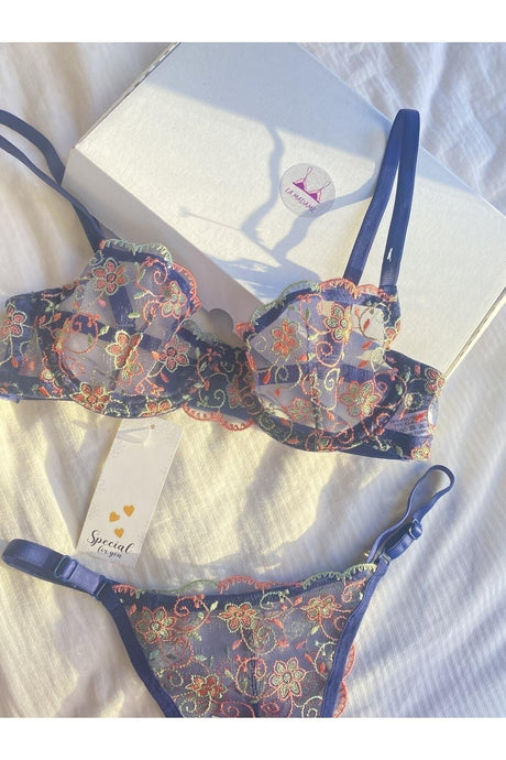 Navy Blue Embroidered Bralet Set - Swordslife