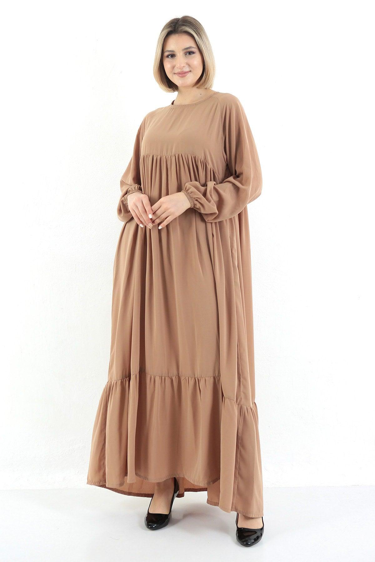 Almond Crew Neck Relaxed Fit Elastic Sleeve Side Pockets Pleated Robe Dress - Swordslife