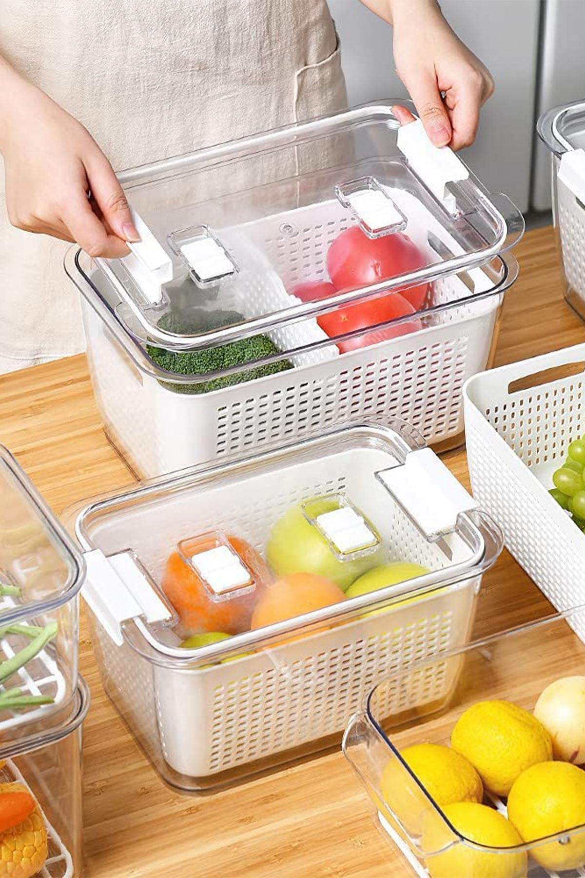 3 Sizes Refrigerator Fresh Vegetable Fruit Storage Container with Compartment Ventilation