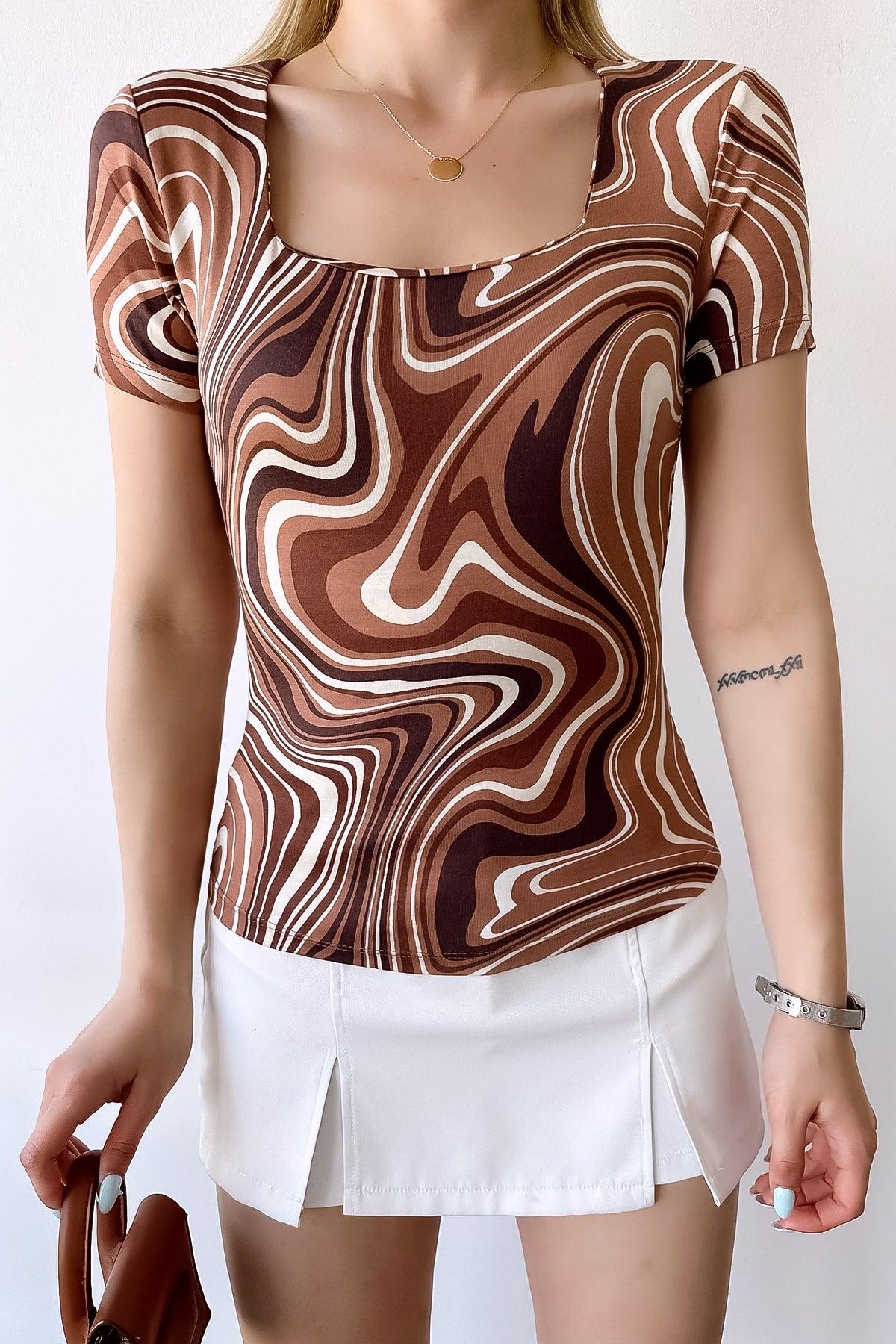 Women's Short Sleeve Square Collar Brown Cream Viscose Blouse - Swordslife