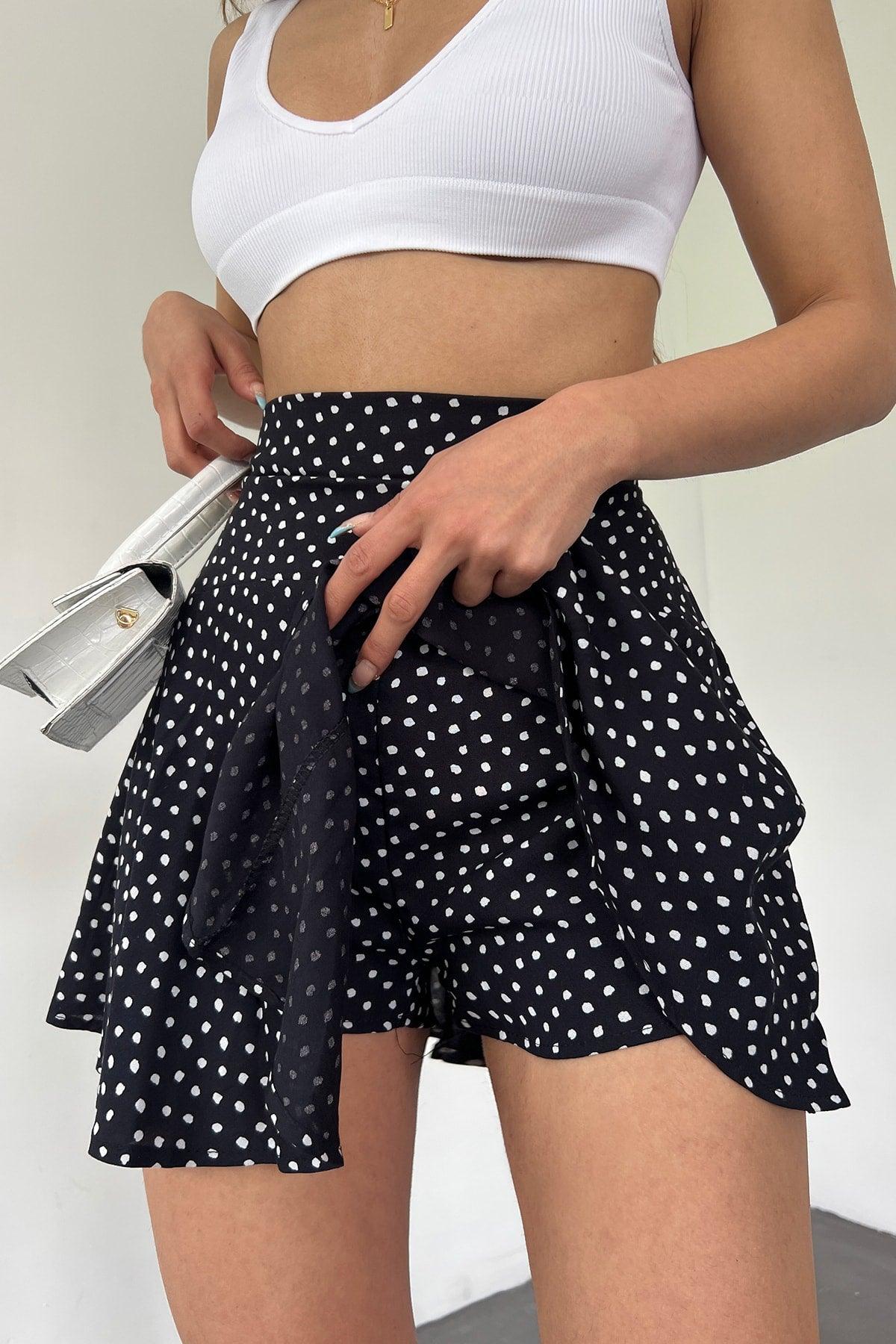 Women's Black Cream Polka Dot Viscose Fabric Summer Shorts Skirt 1905 - Swordslife