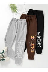 3-pack Logo Printed Jogger Sweatpants - Black, Gray And Brown, Elastic Leg, High Waist, Summer - Swordslife