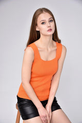 Women's Orange Thick Strap Square Collar Summer Athlete Knitwear Blouse - Swordslife