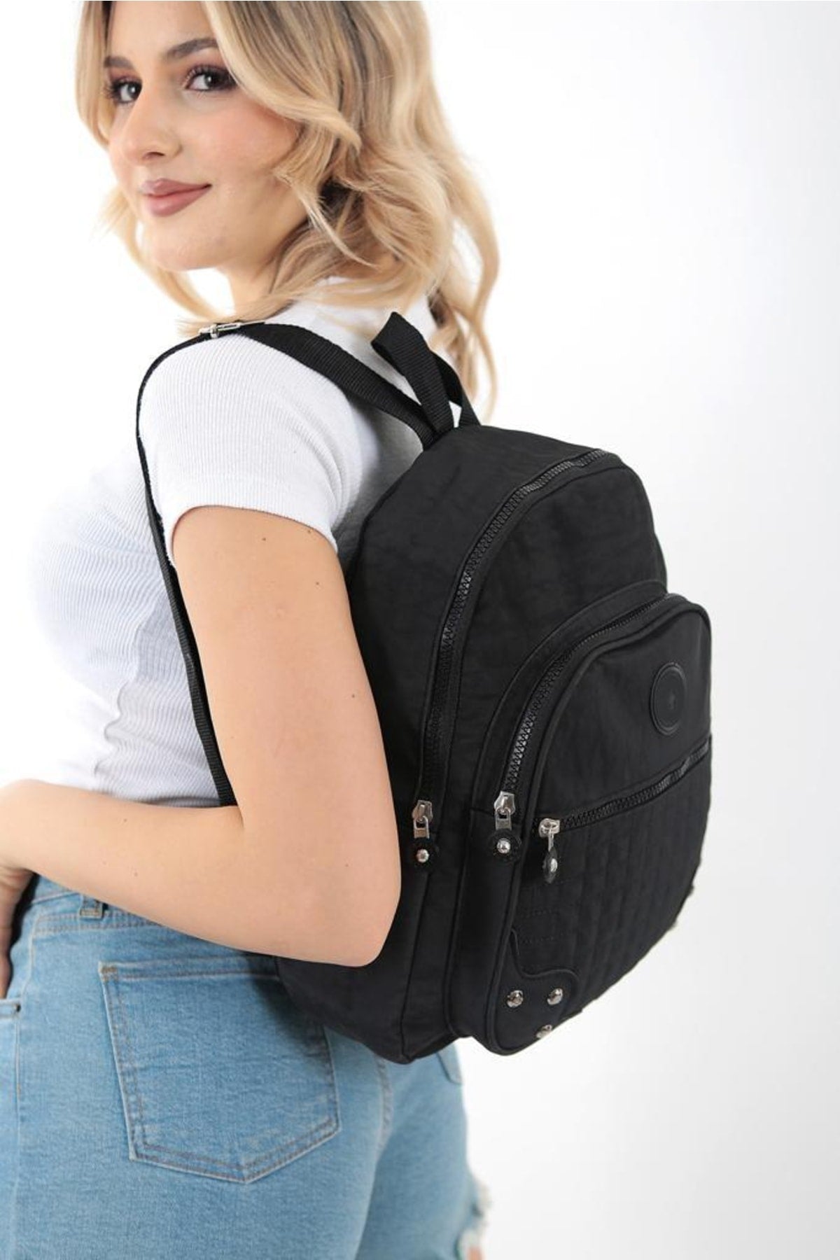 Unisex Black Crinkle Fabric Waterproof & Dirt-Resistant Backpack And School Bag