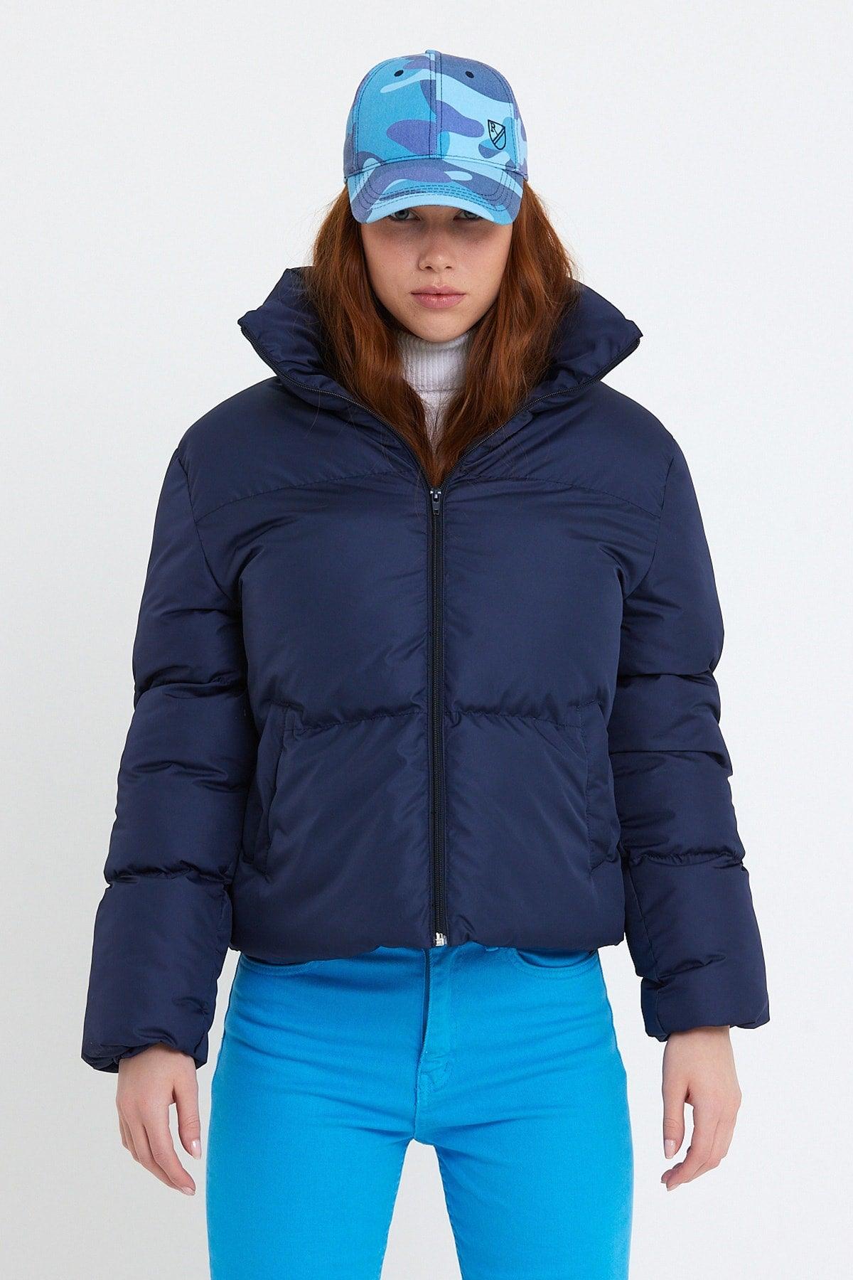 Women's Navy Blue Owersize Filled Inflatable Waterproof Coat Tbg069 - Swordslife