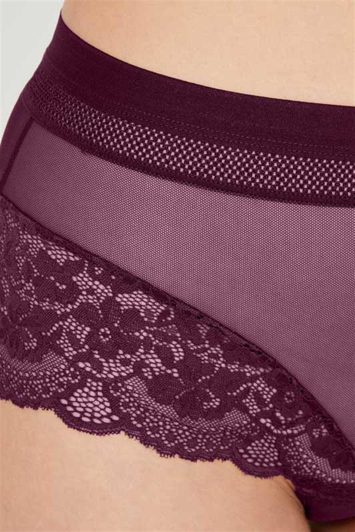 Plum Lace Detailed Transparent Bikini Panties - Swordslife