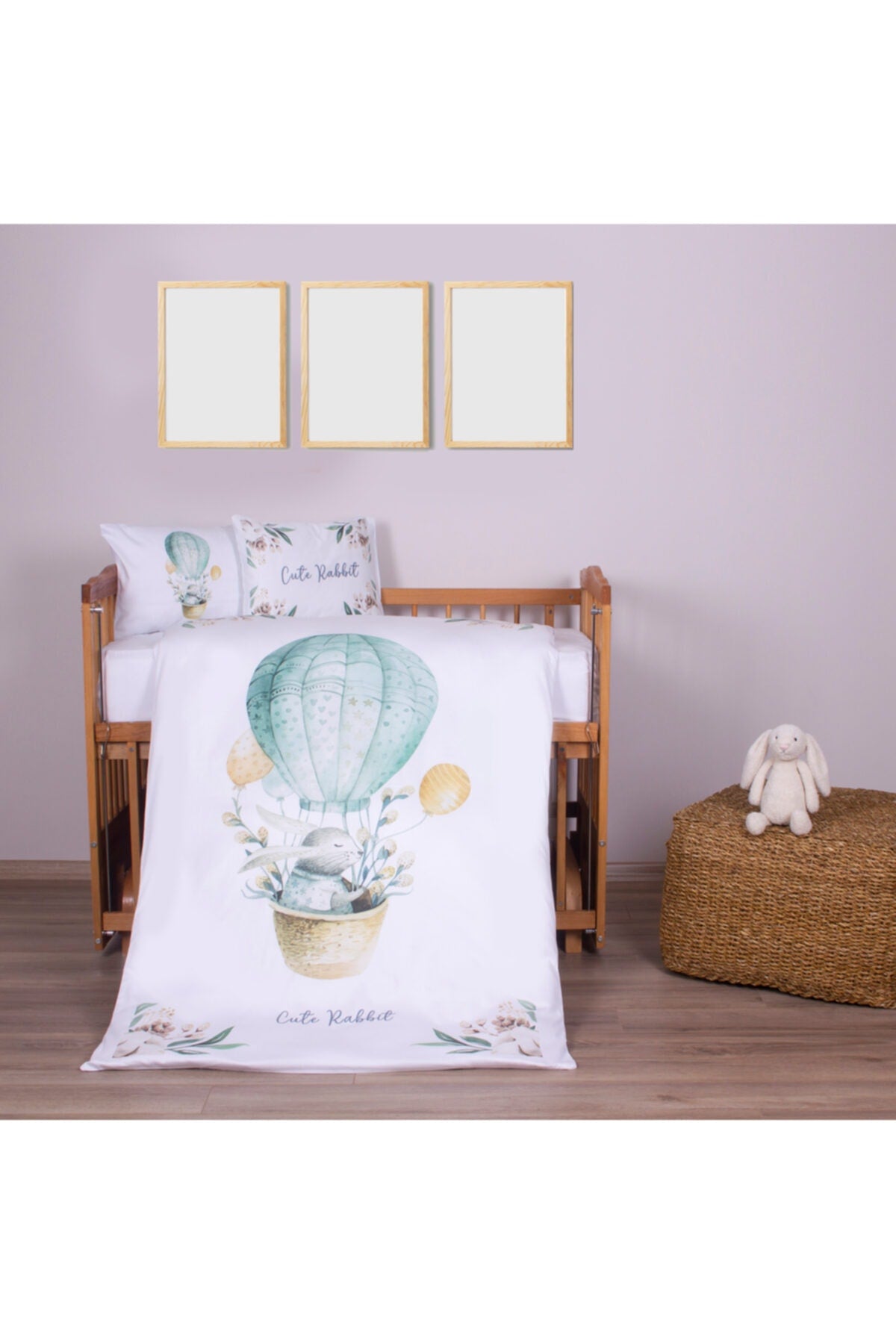 Organic Printed Cotton Satin Baby Duvet Cover Set - Floral Flying Balloon And Rabbit Themed