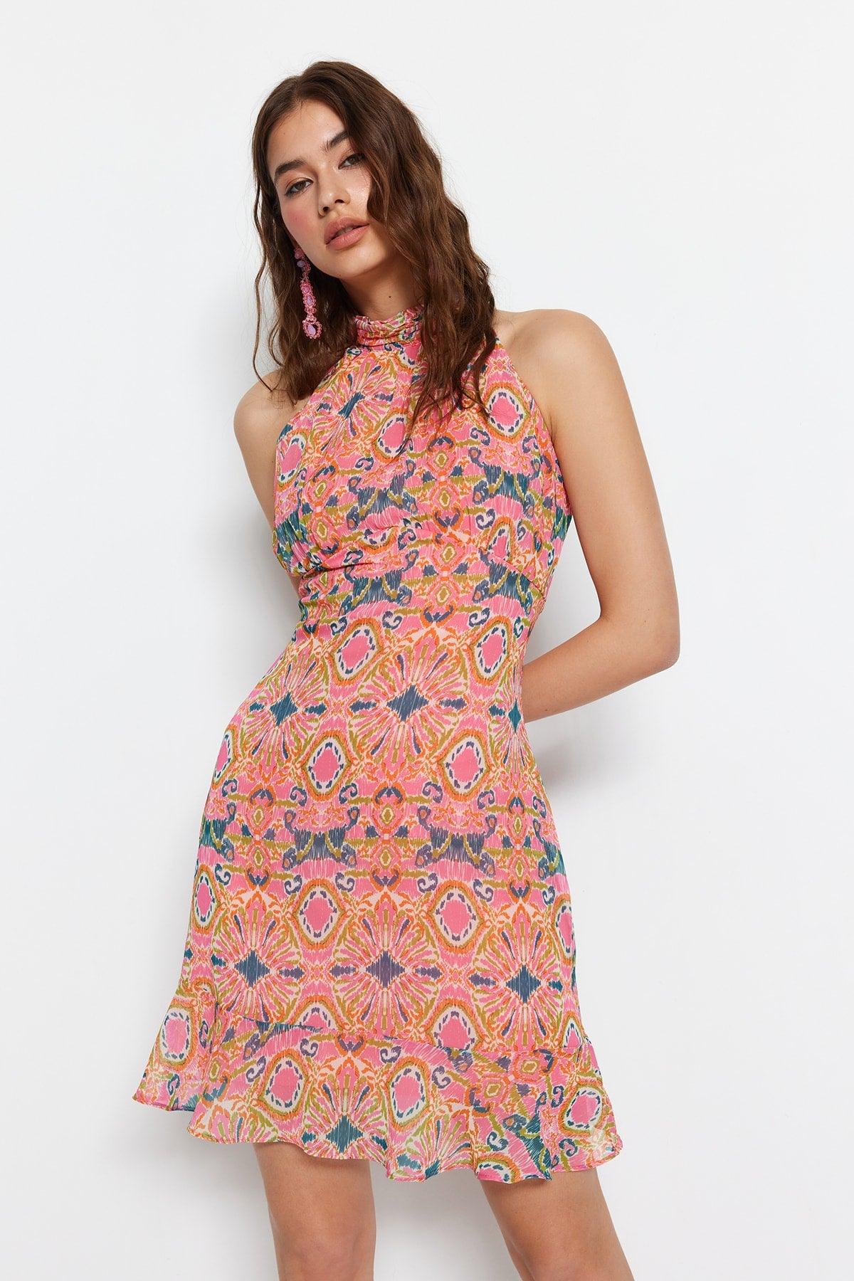 Pink Stand Up Collar Printed Dress TWOSS23EL02293 - Swordslife