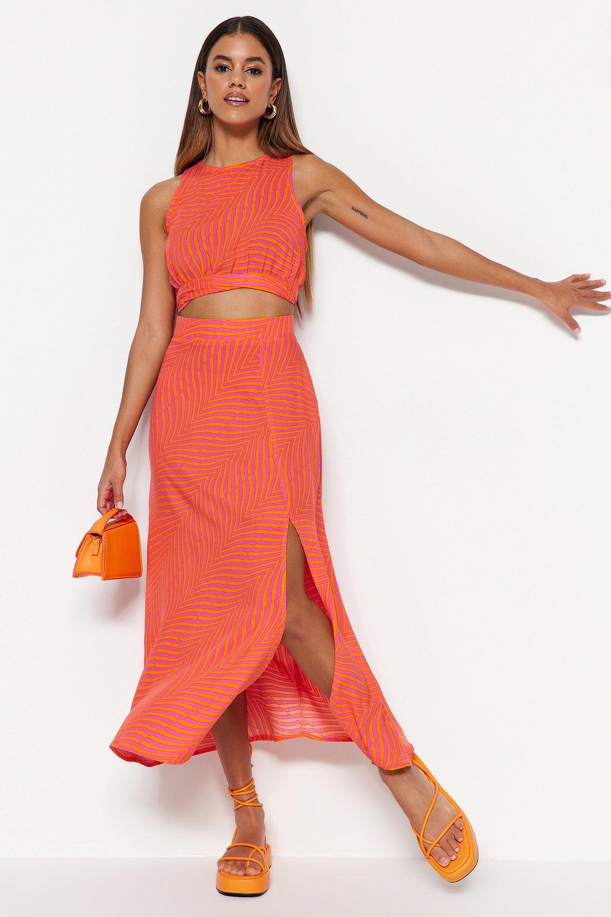 Orange Midi Woven Slit Detailed Viscose Fabric Geometric Patterned Skirt TWOSS23ET00017 - Swordslife