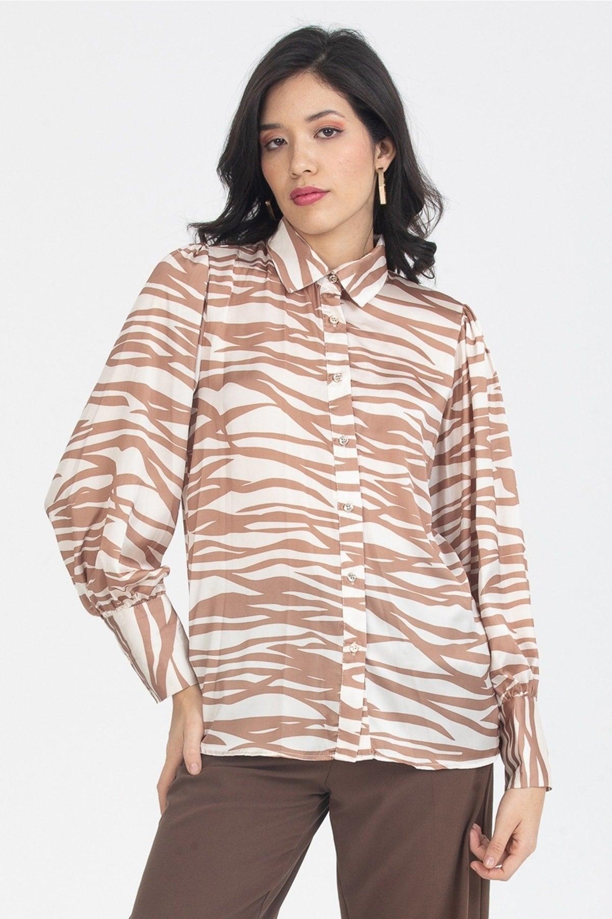 Women's Mink Balloon Sleeve Button Detailed Shoulder Pleated Zebra Patterned Satin Shirt - Swordslife