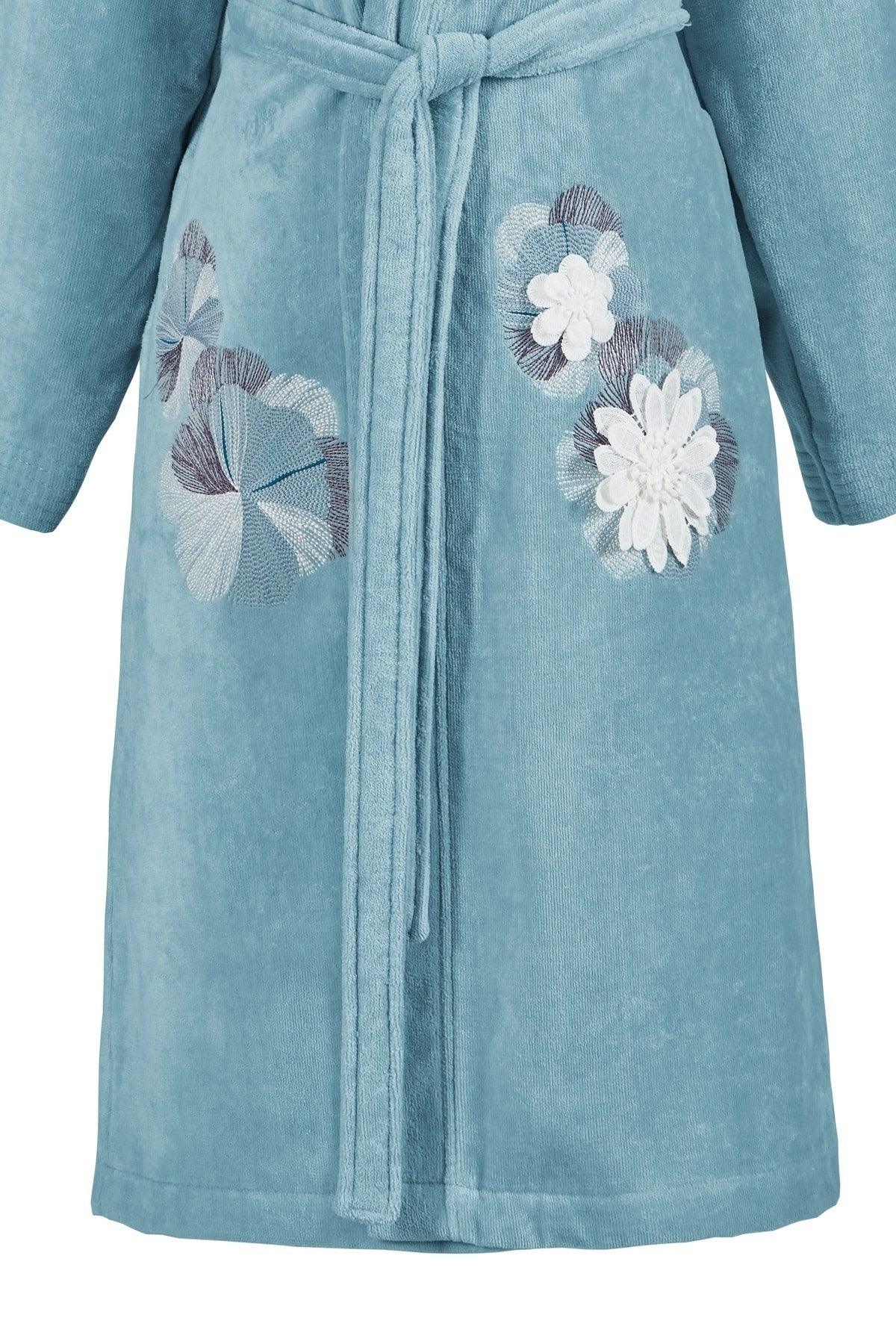 Kimono Bathrobe Velvet Aqua 100% Cotton Double Embroidery Ruched - Swordslife