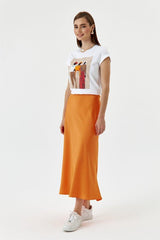 Neon Orange Satin Skirt With Elastic Waist - Swordslife