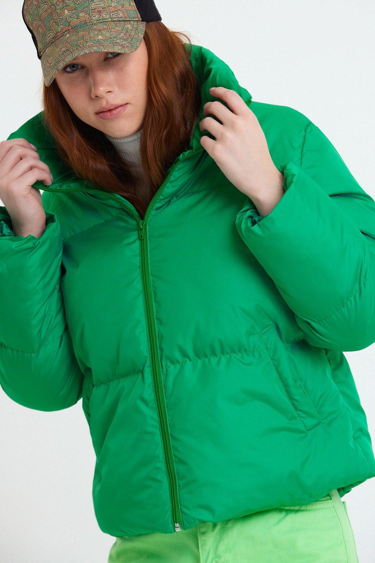 Women's Green Owersize Filled Inflatable Waterproof Coat Tbg069 - Swordslife