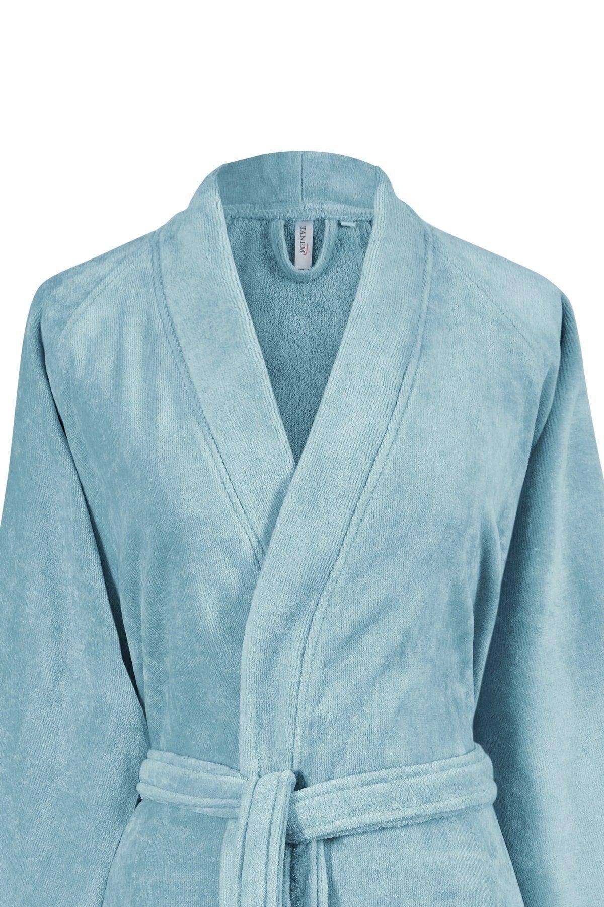 Kimono Bathrobe Velvet Aqua 100% Cotton Single Embroidery Ruched - Swordslife